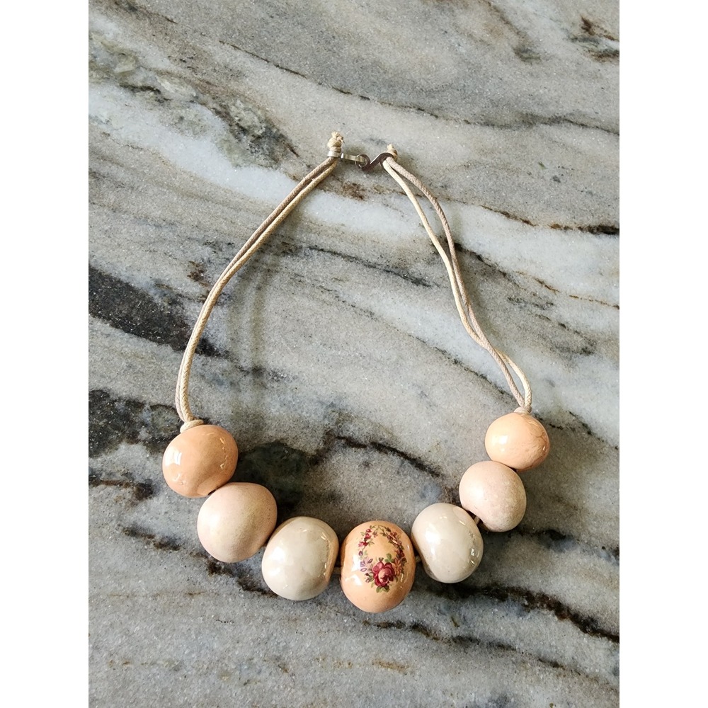 Vintage 80s Ceramic Chunky Large Bead‎ Necklace Cottagecore Boho
